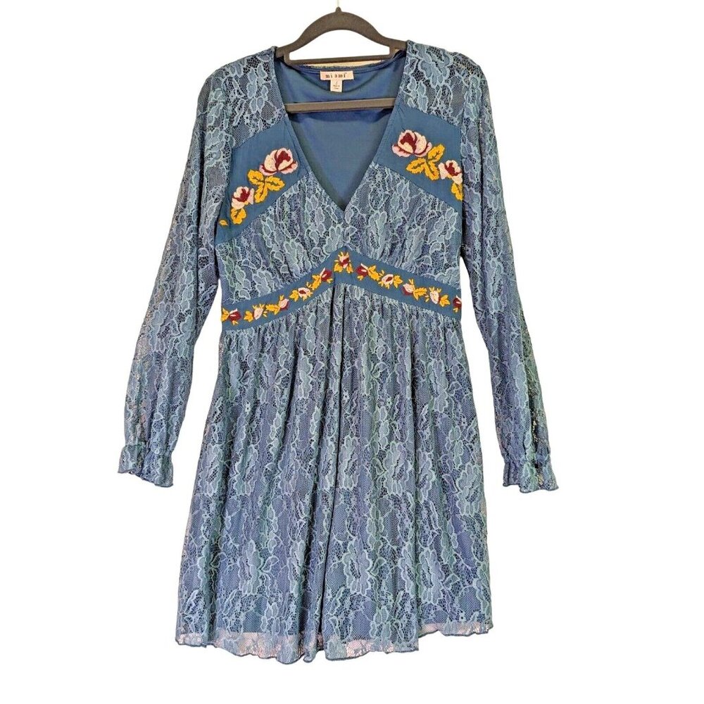 Mi Ami Womens Size S Blue Lace Dress Floral Embroidered Long Sleeve V-Neck Flowy